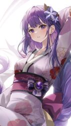 Rule 34 | 1girl, absurdres, alternate costume, arm behind head, arm up, bad id, bad twitter id, blush, braid, breasts, floral print, flower, genshin impact, hair flower, hair ornament, highres, japanese clothes, kimono, long hair, looking at viewer, low-braided long hair, low-tied long hair, medium breasts, mole, mole under eye, obiage, obijime, parted lips, pink kimono, print kimono, purple eyes, purple flower, purple hair, raiden shogun, sidelocks, simple background, single braid, solcha, solo, very long hair, vision (genshin impact), white background