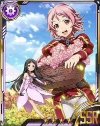 Rule 34 | 10s, 2girls, anklet, barefoot, black eyes, black hair, card (medium), day, detached sleeves, dress, dutch angle, flower, hair ornament, hairclip, jewelry, lisbeth (sao), lisbeth (sao-alo), long hair, looking at viewer, multiple girls, open mouth, outdoors, pink dress, pink eyes, pink flower, pink hair, pointy ears, short hair, sky, smile, star (symbol), strapless, strapless dress, sword art online, yui (sao), yui (sao-alo)
