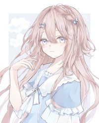 Rule 34 | 1girl, blue background, blue bow, blue dress, blue eyes, blue nails, blush, border, bow, bowtie, braid, brown hair, cloud print, commentary, crown braid, dress, frilled shirt collar, frilled sleeves, frills, hair between eyes, hair bow, hand up, highres, light smile, long hair, looking at viewer, nail polish, original, short sleeves, sidelocks, simple background, upper body, white neckwear, yuni 0205