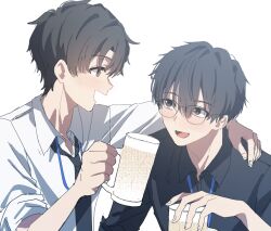 Rule 34 | 2boys, alcohol, beer, beer mug, black eyes, black hair, black necktie, black shirt, blue archive, blue archive the animation, blush, collared shirt, cup, eye contact, glasses, holding, holding cup, kamiyama sumu, looking at another, male focus, mug, multiple boys, necktie, open mouth, problem solver sensei (blue archive), sensei (blue archive), sensei (blue archive the animation), shirt, short hair, short sleeves, simple background, smile, white background, white shirt