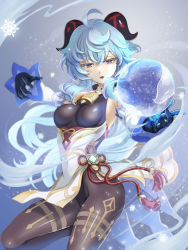 Rule 34 | 1girl, ahoge, bare shoulders, bell, black gloves, black leotard, blue hair, bodystocking, bodysuit, breasts, brown pantyhose, chinese knot, detached sleeves, flower knot, ganyu (genshin impact), genshin impact, gloves, gold trim, groin, highres, horns, ivuki, leotard, leotard under clothes, long hair, looking at another, magic, medium breasts, neck bell, open mouth, orb, pantyhose, purple eyes, qilin (mythology), sidelocks, solo, tassel, thighlet, vision (genshin impact), waist cape, white sleeves, wind