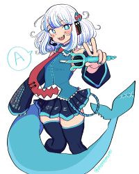 Rule 34 | 1girl, black skirt, black sleeves, black thighhighs, blue eyes, blue hair, blue shirt, blush, collared shirt, cosplay, detached sleeves, feet out of frame, fins, fish tail, gawr gura, hatsune miku, hatsune miku (cosplay), henemimi, highres, holding, hololive, hololive english, multicolored hair, necktie, parted lips, pleated skirt, red necktie, shark girl, shark tail, sharp teeth, shirt, simple background, skirt, sleeveless, sleeveless shirt, smile, solo, speech bubble, streaked hair, tail, teeth, thighhighs, twitter username, virtual youtuber, vocaloid, white background, white hair