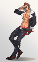 Rule 34 | 1boy, abs, alternate costume, bara, beard, blue eyes, brown hair, character name, commentary request, facial hair, fate/grand order, fate (series), full body, jacket, jewelry, jin (sirius-j), leaning back, long sideburns, long sleeves, looking at viewer, male focus, male underwear, muscular, napoleon bonaparte (fate), necklace, open clothes, open pants, pants, pectorals, scar, shoes, simple background, smile, solo, sunglasses, underwear