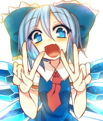 Rule 34 | 1girl, ascot, blue eyes, blue hair, bow, cirno, double v, hair bow, ice, ice wings, kuresento, matching hair/eyes, open mouth, solo, touhou, v, white background, wings