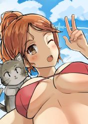 Rule 34 | 1girl, :3, ;d, animal, animal on shoulder, aquila (kancolle), bad id, bad pixiv id, bikini, blush, breasts, cat, cloud, cloudy sky, day, from below, hair ornament, hairclip, highres, kantai collection, large breasts, looking at viewer, looking down, nail polish, one eye closed, open mouth, orange hair, osananajimi neko, outdoors, parted bangs, pink nails, ponytail, red bikini, round teeth, short hair, sky, smile, solo, swimsuit, tareme, teeth, underboob, upper body, v