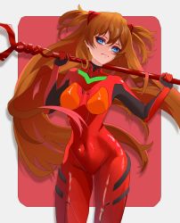 Rule 34 | 1girl, absurdres, alternate hair length, alternate hairstyle, artist request, blue eyes, bodysuit, breasts, brown hair, covered navel, curvy, expressionless, hair ornament, highres, holding, holding weapon, lance of longinus (evangelion), long hair, looking at viewer, neon genesis evangelion, plugsuit, polearm, red bodysuit, shiny clothes, short twintails, simple background, solo, souryuu asuka langley, twintails, two side up, very long hair, weapon, wide hips