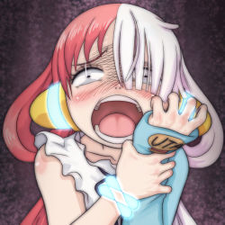 Rule 34 | 1girl, artist request, blush, crying, dress, hair over one eye, headphones, highres, long hair, looking at viewer, multicolored hair, one piece, one piece film: red, purple eyes, red hair, sad, shaded face, simple background, solo, tears, two-tone hair, uta (one piece), very long hair, wavy mouth, white hair