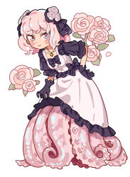 Rule 34 | 1girl, :&gt;, amulet, black bow, black hair, black trim, blue eyes, blush stickers, bow, breasts, clothes lift, commentary request, dress, embarrassed, flower, full body, hair bow, hair flower, hair ornament, highres, leaf, lolita fashion, looking at viewer, medium hair, monster girl, original, pink eyes, pink flower, pink hair, pink petals, pink rose, puffy short sleeves, puffy sleeves, rose, scylla, short sleeves, simple background, skirt, skirt lift, small breasts, smile, tako-chan (uzumaki osushi), tentacles, two-tone eyes, uzumaki osushi, white background, white dress