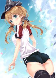 Rule 34 | 10s, 1girl, alternate costume, ass, blonde hair, blush, breasts, buruma, fukuda shuushi, gym uniform, hair ornament, hat, highres, kantai collection, long hair, looking back, peaked cap, prinz eugen (kancolle), solo, thighhighs, twintails