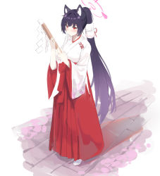 Rule 34 | 1girl, absurdres, animal ear fluff, animal ears, black hair, blue archive, closed eyes, full body, hakama, halo, hands on own hips, highres, japanese clothes, long hair, miko, notice lines, official alternate costume, open mouth, petal print, red hakama, sandals, serika (blue archive), serika (new year) (blue archive), simple background, solo, white background, white legwear, wide sleeves, zapik