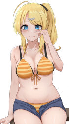 Rule 34 | 1girl, absurdres, ahoge, alternate hairstyle, arm support, bare shoulders, bikini, bikini under shorts, black ribbon, blonde hair, blue eyes, blue shorts, blush, bow, breasts, cleavage, closed mouth, collarbone, dot nose, emu 1316, front-tie bikini top, front-tie top, hachimiya meguru, hair bow, hair ornament, hair ribbon, hairclip, hand on own face, hand up, highres, idolmaster, idolmaster shiny colors, large breasts, long hair, looking at viewer, navel, orange bikini, ribbon, short shorts, shorts, side ponytail, simple background, sitting, smile, solo, striped bikini, striped clothes, sweatdrop, swimsuit, tongue, tongue out, upper body, white background