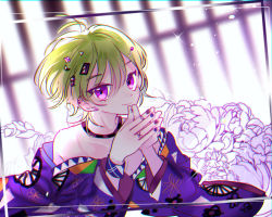 Rule 34 | 1boy, dear vocalist, ear piercing, flower, green hair, hair ornament, hairclip, japanese clothes, jeje (pixiv60670177), jewelry, looking at viewer, momochi (dear vocalist), nail polish, pale skin, piercing, purple eyes, ring, solo