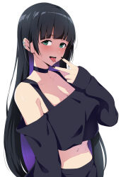 Rule 34 | 1girl, :d, bare shoulders, black choker, black hair, black shirt, blunt bangs, bocchi the rock!, choker, colored inner hair, commentary, crop top, forked tongue, green eyes, highres, long hair, long sleeves, looking at viewer, midriff, multicolored hair, navel, off-shoulder shirt, off shoulder, open mouth, pa-san, purple hair, shirt, simple background, smile, solo, stomach, tongue, tongue out, upper body, very long hair, white background, xllam