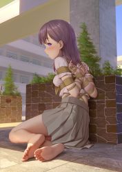 Rule 34 | 1girl, arms behind back, bare legs, barefoot, blush, bound, bound arms, breasts, building, day, exhibitionism, feet, foot focus, from behind, full body, grey skirt, highres, himitsu (hi mi tsu 2), kamikawa sumire (himitsu), long hair, looking at viewer, looking back, miniskirt, open mouth, original, outdoors, plant, pleated skirt, potted plant, public indecency, purple eyes, purple hair, rope, school, school uniform, shibari, shibari over clothes, shirt, short sleeves, skirt, small breasts, soles, solo focus, sunlight, tied up, toes, white shirt