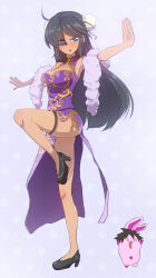 Rule 34 | 1girl, ahoge, alternate hairstyle, artist self-insert, bare arms, bare legs, black eyes, black footwear, black hair, blue eyes, blush, breasts, bun cover, china dress, chinese clothes, cleavage cutout, clothing cutout, commentary, dark-skinned female, dark skin, double bun, dress, eyes visible through hair, fighting stance, frown, full body, fur scarf, girls und panzer, girls und panzer senshadou daisakusen!, hair bun, hair down, hair over one eye, high collar, high heels, highres, impossible clothes, impossible dress, jinguu (4839ms), leg up, long dress, long hair, looking at viewer, medium breasts, official alternate costume, ogin (girls und panzer), open mouth, outstretched arms, parted bangs, ponytail, purple dress, rabbit, side slit, sleeveless, sleeveless dress, solo, standing, standing on one leg, thigh strap