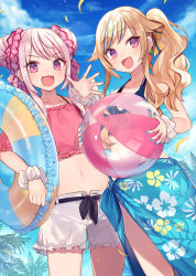 Rule 34 | 2girls, :d, ball, bare arms, bare shoulders, beachball, beads, bikini, blonde hair, blue bikini, blue hair, blue nails, blue sky, bow, cloud, collarbone, cowboy shot, crop top, day, double bun, earrings, falling leaves, fangs, flat chest, floral print, hair bow, hair bun, halterneck, himehina channel, holding, innertube, jewelry, leaf, long hair, looking at viewer, midriff, multicolored hair, multiple girls, nail polish, navel, open fly, open mouth, outdoors, pink hair, pink shirt, purple eyes, sarong, scrunchie, shirt, short hair, short shorts, shorts, shugao, side ponytail, sidelocks, sky, smile, standing, stomach, streaked hair, suzuki hina, swim ring, swimsuit, tanaka hime, thighs, virtual youtuber, white shorts, wrist scrunchie