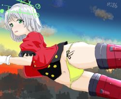 Rule 34 | 1girl, flying, green eyes, jacket, open mouth, panties, red jacket, sanya v. litvyak, sky, strike witches, striker unit, underwear, white hair, world witches series, yellow panties