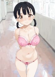 Rule 34 | 1girl, absurdres, arms behind back, black hair, blush, bow, bow bra, bow panties, bra, breasts, brown eyes, closed mouth, cowboy shot, hallway, highres, indoors, large breasts, looking at viewer, low twintails, original, panties, pink bra, pink panties, pomerachi, short hair, smile, solo, standing, twintails, underwear, underwear only