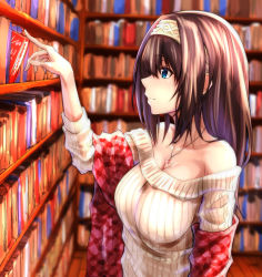 Rule 34 | 10s, 1girl, bare shoulders, black hair, blue eyes, blurry, blush, book, bookshelf, breasts, cleavage, closed mouth, commentary, depth of field, from side, hairband, idolmaster, idolmaster cinderella girls, jewelry, large breasts, long hair, long sleeves, matsunaga garana, off-shoulder, off-shoulder sweater, pendant, plaid, plaid scarf, profile, ribbed sweater, sagisawa fumika, scarf, smile, solo, sweater, upper body, white hairband