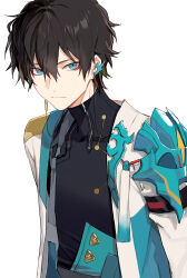 Rule 34 | 1boy, black shirt, blue eyes, brown hair, chinese clothes, closed mouth, dan heng (honkai: star rail), earbuds, earphones, expressionless, eyeliner, highres, honkai: star rail, honkai (series), jacket, long sleeves, male focus, red eyeliner, shirt, short hair, solo, turtleneck, white background, white jacket, zangyaacco, zipper