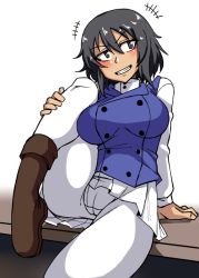 Rule 34 | 1girl, andou (girls und panzer), arm support, bc freedom military uniform, black eyes, black hair, boots, breasts, cameltoe, clenched teeth, dark-skinned female, dark skin, girls und panzer, jacket, knee up, messy hair, mimuni362, pants, sitting, skirt, solo, teeth, white background