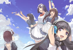 Rule 34 | 5girls, absurdres, adjusting headset, alternate costume, apron, black eyes, black hair, blush, bow, brown eyes, brown hair, dated, drill hair, enmaided, closed eyes, fang, graphite (medium), hair ornament, headset, highres, holding, holding microphone, long hair, looking at another, looking at viewer, looking away, maid, maid apron, maid headdress, microphone, multiple girls, open mouth, original, puffy short sleeves, puffy sleeves, red bow, red ribbon, ribbon, short sleeves, signature, smile, teeth, traditional media, uniform, x-boy, x hair ornament