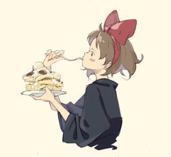 Rule 34 | 1girl, beige background, black dress, bow, brown eyes, brown hair, cropped torso, dress, eating, food, fork, from side, hair bow, hairband, holding, holding fork, holding plate, kiki (majo no takkyuubin), long sleeves, majo no takkyuubin, plate, popman3580, red bow, red hairband, sketch, solo, wide sleeves