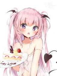 Rule 34 | 1girl, :&lt;, babydoll, bare shoulders, blush, cake, cake slice, collarbone, commentary request, demon tail, fang, food, fruit, happy birthday, highres, holding, holding plate, long hair, open mouth, original, pink hair, plate, purple eyes, seboneko, simple background, solo, strap slip, strawberry, tail, tail raised, triangle mouth, two side up, very long hair, white babydoll, white background