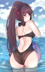 Rule 34 | 1girl, alternate hairstyle, ass, back, backless swimsuit, bad id, bad pixiv id, black one-piece swimsuit, blunt bangs, blush, braid, breasts, day, embarrassed, from behind, girls&#039; frontline, hair ribbon, halterneck, highres, huge ass, jjkl9195, large breasts, legs apart, long hair, looking at viewer, looking back, one-piece swimsuit, outdoors, ponytail, purple hair, red eyes, ribbon, scrunchie, shiny clothes, shiny skin, sideboob, solo, swimsuit, very long hair, wa2000 (girls&#039; frontline), wading, water, wet, wet clothes, wet hair