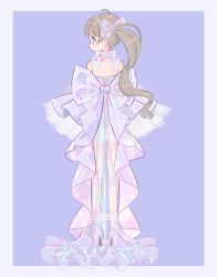 Rule 34 | 1girl, absurdres, ahoge, back bow, bare legs, bare shoulders, blush, bow, brown hair, dress, from behind, full body, hakozaki serika, high heels, highres, huge bow, idolmaster, idolmaster million live!, layered dress, long hair, looking to the side, median furrow, mokume rin, profile, purple dress, see-through, shoulder blades, side ponytail, simple background, solo, two-tone background, very long hair