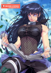 Rule 34 | 1girl, bandaged hand, bandages, bare shoulders, black hair, black pants, blue sky, blunt bangs, breasts, clenched hands, closed mouth, cloud, corset, covered navel, day, falling leaves, fighting, fishnet top, fishnets, forehead protector, hyuuga hinata, leaf, naruto (series), naruto shippuuden, ninja, pants, pouch, purple eyes, shirt, sky, strapless, tied shirt, tree, tying, veins, xong