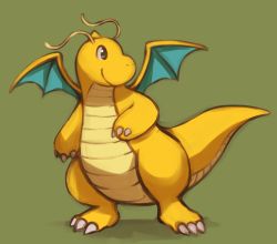 Rule 34 | brown eyes, claws, closed mouth, commentary request, creatures (company), dragonite, game freak, gen 1 pokemon, green background, looking back, nintendo, no humans, pokemon, pokemon (creature), ryusei0402, smile, solo, standing