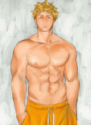Rule 34 | 1boy, abs, bara, blonde hair, closed mouth, fairyfeeler, granblue fantasy, green eyes, hands in pockets, large pectorals, looking at viewer, male focus, male swimwear, muscular, muscular male, navel, nipples, orange male swimwear, pectorals, short hair, simple background, solo, swim trunks, swimsuit, topless male, vane (granblue fantasy), vane (summer) (granblue fantasy), yellow male swimwear, yellow swim trunks