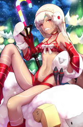 Rule 34 | 1girl, altera (fate), altera the santa (fate), animal, bare shoulders, boots, bra, breasts, candy, candy cane, choker, circlet, closed mouth, cloud, cloudy sky, collarbone, dark-skinned female, dark skin, detached sleeves, earmuffs, facial hair, fate/grand order, fate (series), food, full-body tattoo, fur trim, glowing, highres, holding, holding animal, knee boots, knee up, looking at viewer, mittens, mustache, navel, night, night sky, on animal, red bra, red choker, red eyes, red footwear, ribbon, sheep, shigure s, short hair, sitting, sky, small breasts, snow, snowing, star (sky), starry sky, stomach, swept bangs, tattoo, tree, underwear, veil, white hair, white mittens, white ribbon