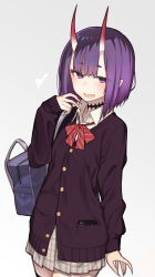 Rule 34 | 1girl, :d, absurdres, bag, black thighhighs, blush, bow, brown cardigan, cardigan, cellphone, collared shirt, commentary request, cowboy shot, diagonal stripes, fang, fate/grand order, fate (series), fingernails, grey background, grey skirt, hand up, heart, highres, hitoshi, horns, long fingernails, long sleeves, oni, open mouth, phone, plaid, plaid skirt, pleated skirt, purple eyes, purple hair, red bow, school bag, school uniform, sharp fingernails, shirt, short eyebrows, shuten douji (fate), skin-covered horns, skirt, sleeves past wrists, smile, solo, striped, striped bow, thick eyebrows, thighhighs, white shirt