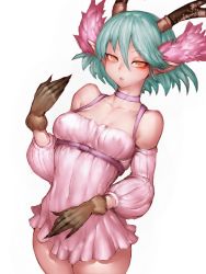 Rule 34 | 10s, 1girl, antlers, bare shoulders, breasts, c (control), choker, collarbone, covered erect nipples, cowboy shot, cropped legs, detached sleeves, dress, fumio (rsqkr), green hair, hair between eyes, hand up, horns, looking at viewer, medium breasts, orange eyes, pink dress, pointy ears, q (control), short dress, short hair, simple background, solo, thighs, white background