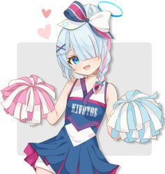 Rule 34 | 1girl, absurdres, arona (blue archive), blue archive, blue eyes, blue hair, blue halo, braid, cheerleader, choker, cowboy shot, hair over one eye, halo, heart, highres, holding, holding pom poms, looking at viewer, official alternate costume, open mouth, pom pom (cheerleading), pom poms, revision, saekiya sabou, short hair, single braid, smile, solo, white choker