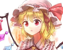 Rule 34 | 1girl, bad id, bad twitter id, blonde hair, blush, crystal, flandre scarlet, hair ribbon, hat, hat ribbon, md5 mismatch, minust, mob cap, open mouth, portrait, red eyes, resized, ribbon, side ponytail, solo, touhou, wings