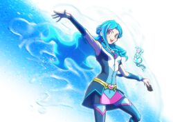 1girl 1other alternate_form aqua_(yu-gi-oh!_vrains) armband bare_shoulders belt blue_armband blue_background blue_choker blue_dress blue_eyes blue_hair blue_maiden blue_thighhighs body_markings bracelet card choker dress facing_another facing_to_the_side hair_bun hands_on_own_chest happy holding holding_card humanoid_robot jewelry komao_komaoart long_hair looking_at_another looking_to_the_side ocean open_mouth outstretched_arm outstretched_arms own_hands_together pink_eyes pink_trim ponytail robot sleeveless sleeveless_dress solid_circle_eyes solid_eyes splashing teardrop_facial_mark thighhighs twintails two-tone_background water white_background white_dress white_trim wind yellow_belt yu-gi-oh! yu-gi-oh!_vrains zaizen_aoi