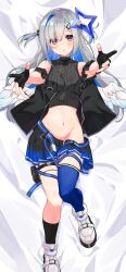 Rule 34 | 1girl, absurdres, amane kanata, amane kanata (work), asymmetrical legwear, bed sheet, black bow, black gloves, black jacket, black ribbon, black skirt, black socks, blue eyes, blue hair, blue skirt, blue thighhighs, blush, bow, breasts, collarbone, colored inner hair, commentary request, crop top, dakimakura (medium), dress, eyelashes, feathered wings, frills, from above, full body, gloves, grey hair, groin, hair bow, hair ornament, hair over one eye, hairclip, halo, hazuki yuzuru, highres, hololive, jacket, jewelry, knees together feet apart, legs, long hair, looking at viewer, low wings, lying, midriff, mismatched legwear, multicolored hair, navel, neck ribbon, necklace, official alternate costume, official alternate hair length, official alternate hairstyle, on back, open mouth, outstretched arms, parted bangs, partially fingerless gloves, partially undressed, pleated skirt, pouch, ribbed shirt, ribbon, shiny clothes, shiny skin, shirt, shoes, short dress, sidelocks, single hair intake, skindentation, skirt, sleeveless, small breasts, sneakers, socks, solo, star halo, streaked hair, thigh pouch, thigh strap, thighhighs, two-tone skirt, virtual youtuber, white footwear, wings