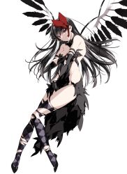 1girl akemi_homura akuma_homura argyle_clothes argyle_thighhighs bare_shoulders black_footwear black_gloves black_hair black_wings bow clothing_cutout dress elbow_gloves feathered_wings full_body gloves hair_bow hairband highres long_hair looking_at_viewer mahou_shoujo_madoka_magica mahou_shoujo_madoka_magica:_hangyaku_no_monogatari misteor purple_eyes red_bow red_hairband side_cutout simple_background smile solo strapless strapless_dress thighhighs torn_clothes torn_thighhighs very_long_hair white_background wings