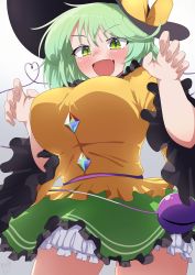 Rule 34 | 1girl, absurdres, bloomers, blush, breasts, commentary request, fang, frills, green eyes, green hair, green skirt, hat, highres, komeiji koishi, large breasts, open mouth, polyhedron2, skin fang, skirt, solo, thighs, third eye, touhou, underwear