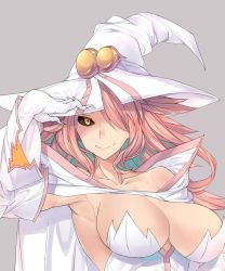 Rule 34 | 1girl, alternate color, arm up, armpits, bare shoulders, black sclera, blazblue, blazblue: central fiction, bonkiru, breasts, cape, cleavage, closed mouth, collarbone, colored sclera, detached sleeves, gloves, grey background, hair over one eye, hand to hat, hat, highres, konoe a. mercury, large breasts, long hair, looking at viewer, palette swap, pink hair, simple background, smile, solo, white gloves, witch, witch hat, yellow eyes