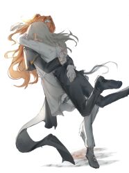 Rule 34 | 2girls, absurdres, arms around neck, arms around waist, black capelet, black footwear, black pants, capelet, dress, elyzerda, gloves, grey dress, grey hair, grey pants, hand on another&#039;s ass, hand on another&#039;s back, highres, hug, long hair, long sleeves, midair, multiple girls, orange hair, pants, polka dot hairband, reverse:1999, shirt, simple background, sonetto (reverse:1999), two side up, vertin (reverse:1999), white background, white gloves, white shirt, yuri