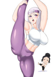 Rule 34 | 2girls, abs, armpits, black clover, black hair, black leggings, breasts, charmy pappitson, flexible, headband, large breasts, leggings, legs, linkxs, looking at viewer, multiple girls, noelle silva, open mouth, purple legwear, shiny skin, silver hair, split, standing, standing on one leg, standing split, steam, steaming body, sweat, tank top, thighs, toned female, twintails, white background