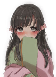 Rule 34 | 1girl, black eyes, black hair, blush, cherry blossoms, covering own mouth, crying, crying with eyes open, flower, green kimono, grey eyes, hair over shoulder, highres, idolmaster, idolmaster cinderella girls, japanese clothes, kimono, kobayakawa sae, long hair, long sleeves, looking at viewer, mugicha (mugicha5060), pink flower, pink kimono, simple background, sleeves past fingers, sleeves past wrists, solo, tareme, tears, two-tone kimono, upper body, upturned eyes, very long sleeves, white background, wide sleeves