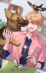 Rule 34 | 1boy, bird, blue shirt, blurry, blurry background, brown hair, coffee, collared shirt, cup, dog, facing viewer, heart, highres, hizaki sui, holding, jewelry, key, luke pearce (tears of themis), male focus, necklace, open mouth, paw print, pink shirt, shirt, shirt under shirt, short hair, smile, tears of themis