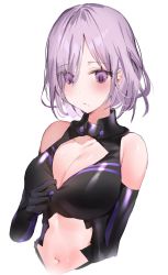 Rule 34 | bad id, bad twitter id, black dress, breasts, cleavage, cleavage cutout, clothing cutout, dress, elbow gloves, eyes visible through hair, fate/grand order, fate (series), gloves, hair over one eye, highres, light purple hair, mash kyrielight, navel, purple eyes, short hair, simple background, solo, upper body, white background, yuuko (030 yuko)