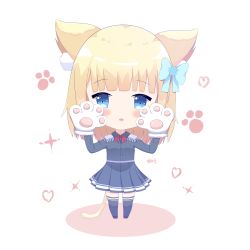 Rule 34 | 1girl, :3, absurdres, animal ear fluff, animal ears, animal hands, blonde hair, blue bow, blue eyes, blue jacket, blue skirt, blue thighhighs, blunt bangs, blush, bow, cat ears, cat girl, cat tail, chibi, colored shadow, commentary request, epaulettes, fang, fur-trimmed gloves, fur trim, gloves, hair bow, hands up, heart, highres, jacket, liang feng qui ye, long hair, long sleeves, neck ribbon, parted lips, paw gloves, pleated skirt, purple footwear, red ribbon, ribbon, rukiroki, sasugano roki, shadow, skirt, smile, solo, sparkle, standing, tail, thighhighs, virtual youtuber, white background, white gloves