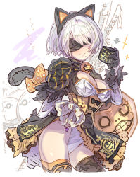 Rule 34 | 1girl, animal ears, black blindfold, black hairband, blindfold, boots, breasts, cat ears, cat tail, cleavage, closed mouth, clothing cutout, dress, emil (nier), gloves, hairband, haku (sabosoda), halloween, highres, large breasts, leotard, long sleeves, looking at viewer, medium breasts, mole, mole under mouth, nier, nier (series), nier:automata, puffy sleeves, robot, short hair, smile, solo, tail, thigh boots, thighhighs, weapon, white hair, 2b (nier:automata)